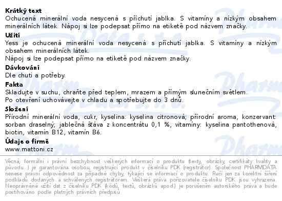 Příbalový leták - Dobrá voda YESs Jablko neperlivá 0.5l