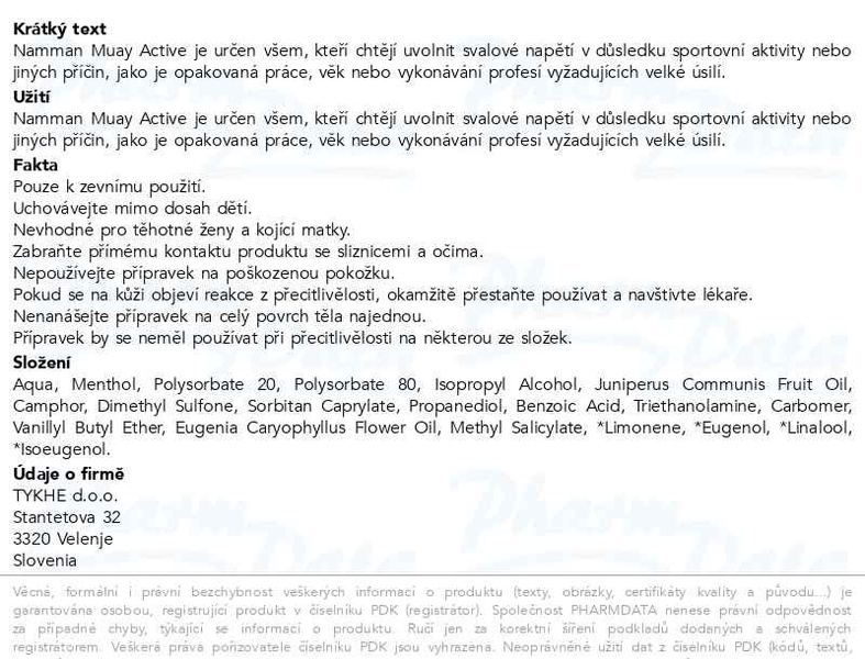 Příbalový leták - Namman Muay Active cream 100g