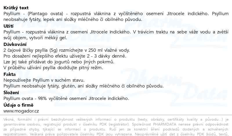Příbalový leták - Psyllium 250g vláknina ekonomické balení sáček