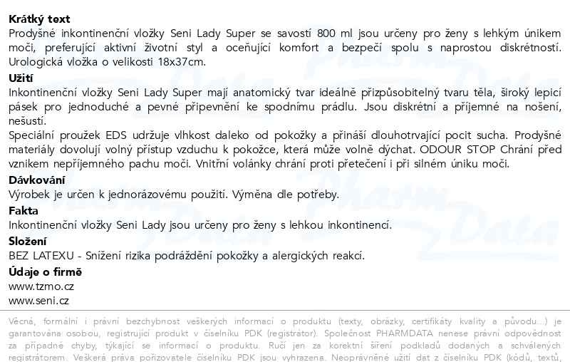 Příbalový leták - Seni Lady Super inkontinentní vložky 15ks