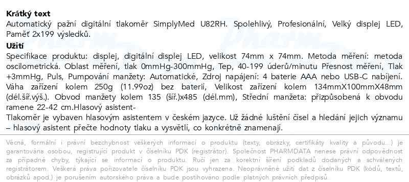 Příbalový leták - SimplyMed Automatický pažní digitální tlakoměr U82RH