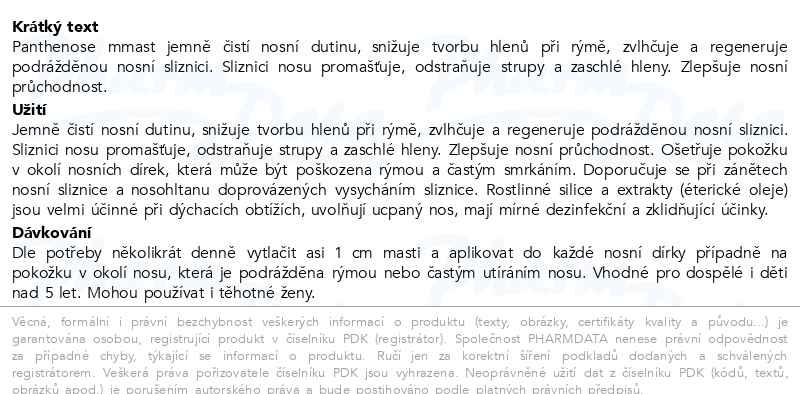 Příbalový leták - Panthenose nosní mast s éterickýmmi oleji 7.5ml Dr.Müller