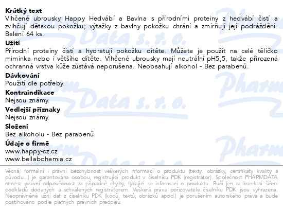Příbalový leták - Happy vlhčené ubrousky Hedvábí+Bavlna 64ks Nové