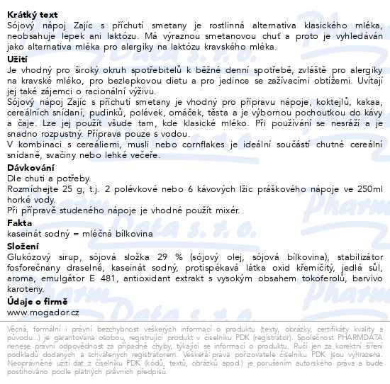 Příbalový leták - Sójový nápoj Zajíc s příchutí smetany 400g