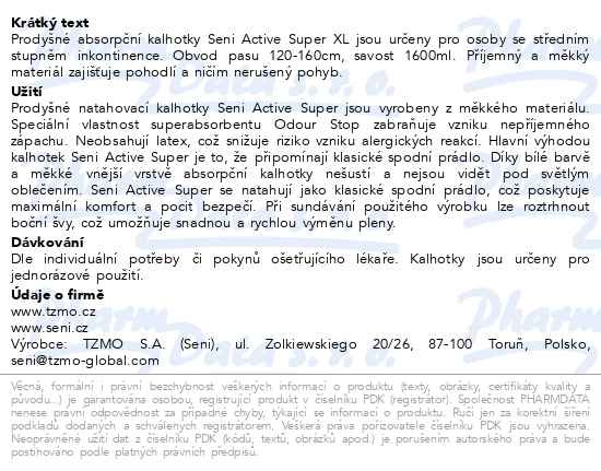 Příbalový leták - Seni Active Super Extra Large ink.plen.kalh.10ks
