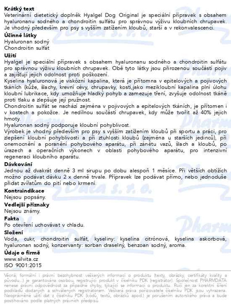 Příbalový leták - Hyalgel Dog Original sirup 500ml a.u.v.