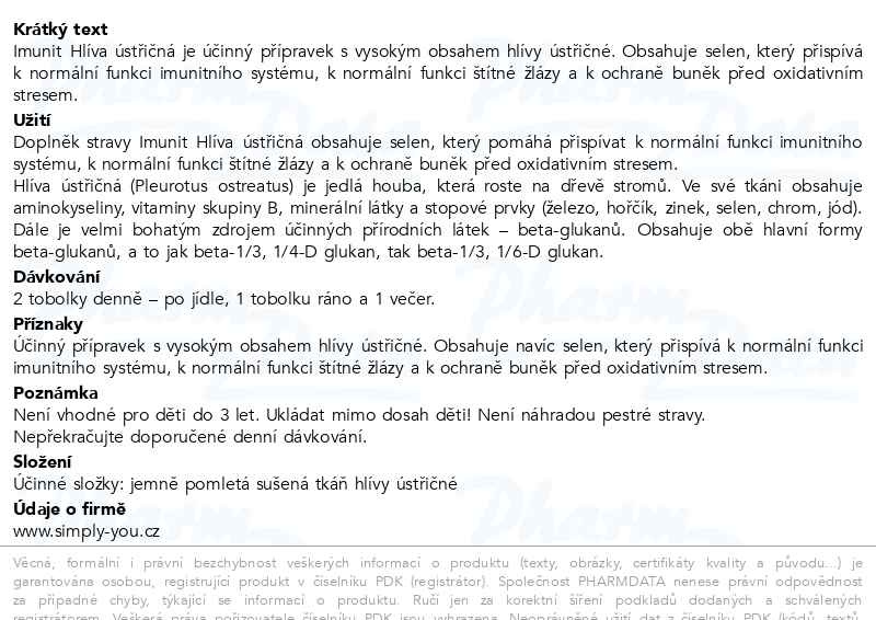 Příbalový leták - Hlíva ústřičná Imunit 50 + 20 tob. Zdarma