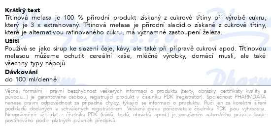 Příbalový leták - Blackstrap BIO třtinová melasa 360 ml