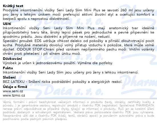 Příbalový leták - Seni Lady Slim Mini Plus inkontinentní vložky 20ks