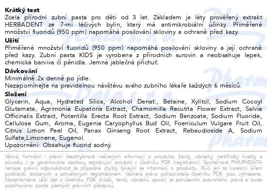 Příbalový leták - HERBADENT KIDS bylinná zubní pasta Jablko 75g