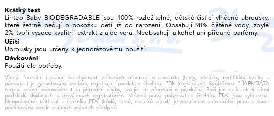 Příbalový leták - Vlhčené ubrousky LINTEO BABY BIODEGRADABLE 48ks