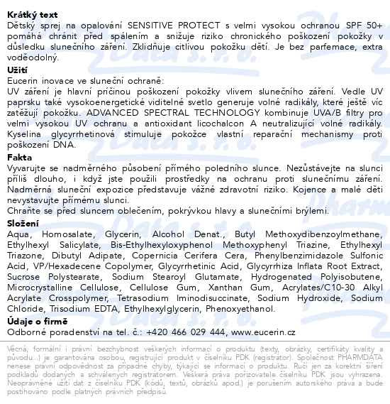 Příbalový leták - EUCERIN SUN opalovací dětský sprej SPF50+ 200ml