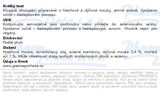 Příbalový leták - Green Apotheke Chipsy s dýňovou moukou 100g