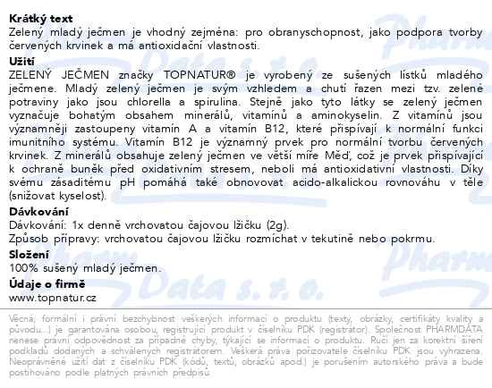Příbalový leták - Zelený ječmen prášek 150g TOPNATUR
