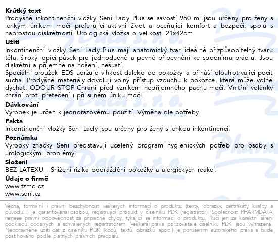 Příbalový leták - Seni Lady Plus inkontinenční vložky 15ks