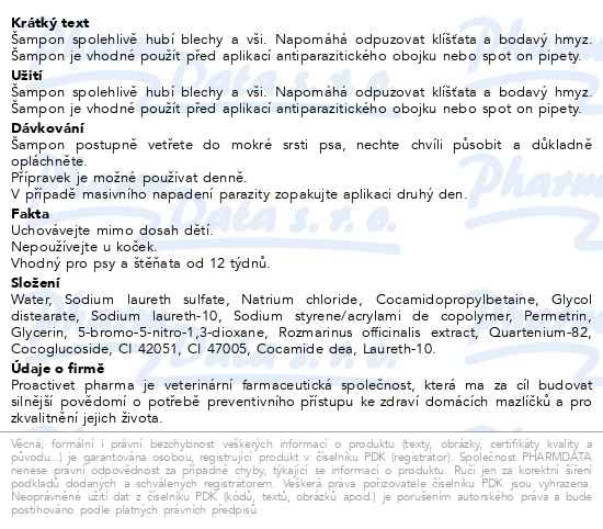 Příbalový leták - Proactivet Antiparazit Derma Šampon 250 ml