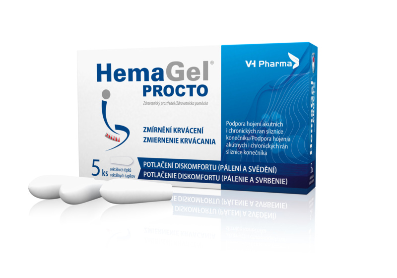 Krabička s čípky HemaGel PROCTO 5 čípků_VH Pharma_CZ-SK_3D_05-2022_pravý pohled