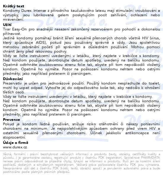 Příbalový leták - DUREX Intense prezervativ 16ks