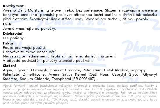 Příbalový leták - Aveeno Daily Moisturising tělové mléko 300ml