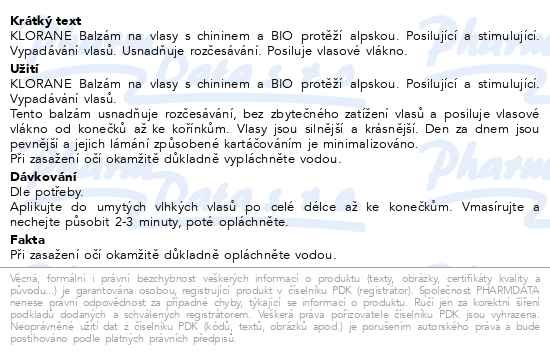 Příbalový leták - KLORANE Balzám chinin a BIO protěž alpská 200ml