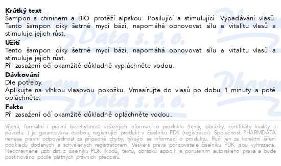 Příbalový leták - KLORANE Šampon chinin a BIO protěž alpská 200ml
