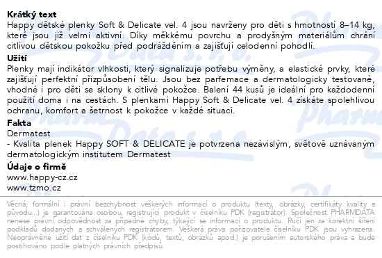 Příbalový leták - Happy Soft&Delicate 4 dětské pleny 8-14kg 44ks