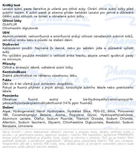 Příbalový leták - Lacalut Sensitive zubní pasta 75ml ZLATÁ EDICE