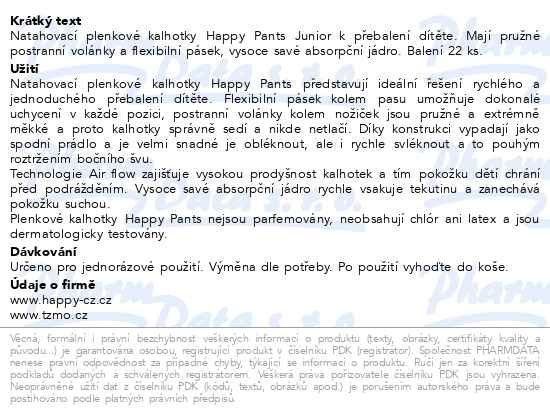 Příbalový leták - Happy Pants Junior plenkové kalhotky 22ks