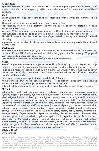 Příbalový leták - Sunar Expert HA 1 700g
