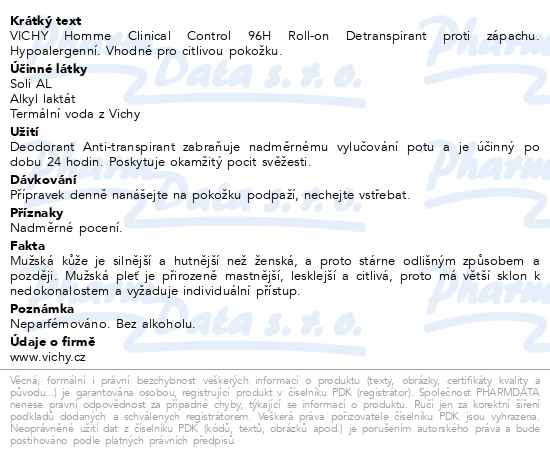 Příbalový leták - VICHY HOMME 96H Detranspirant proti zápachu 50ml
