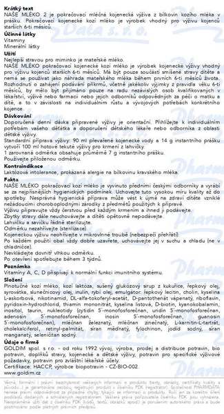 Příbalový leták - NAŠE MLÉKO 2 pokr.výživa z kozího mléka 6-12m 525g
