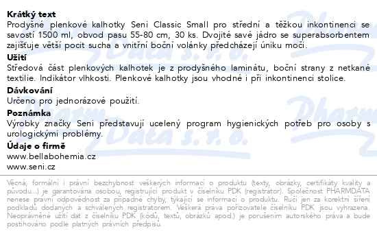 Příbalový leták - Seni Classic Small inkontinenční plenkové kalhotky 30ks