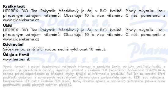 Příbalový leták - HERBEX BIO Tea Rakytník řešetlákový n.s.20x2g
