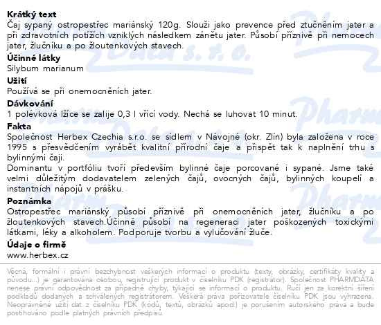 Příbalový leták - HERBEX Ostropestřec mariánský čaj sypaný 120g