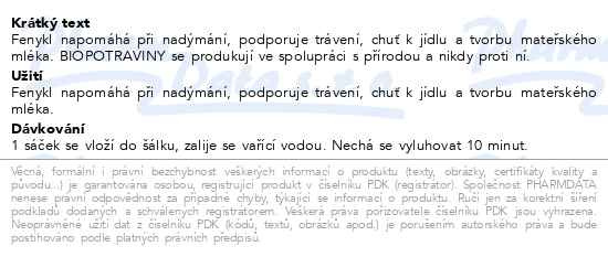Příbalový leták - HERBEX BIO Fenykl obecný n.s.20x2g