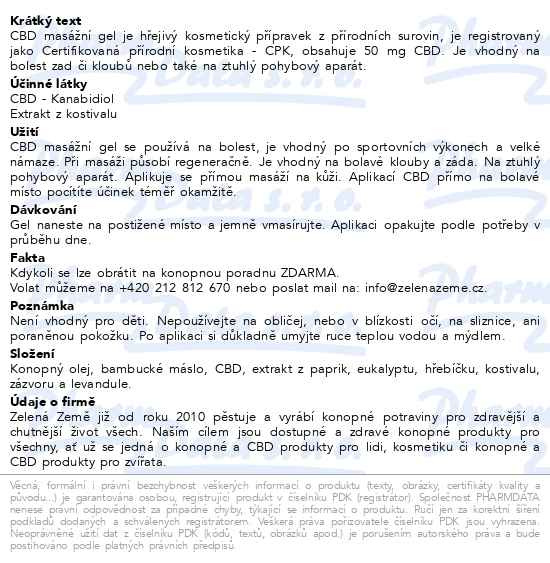 Příbalový leták - Zelená Země CBD hřejivý gel 50g