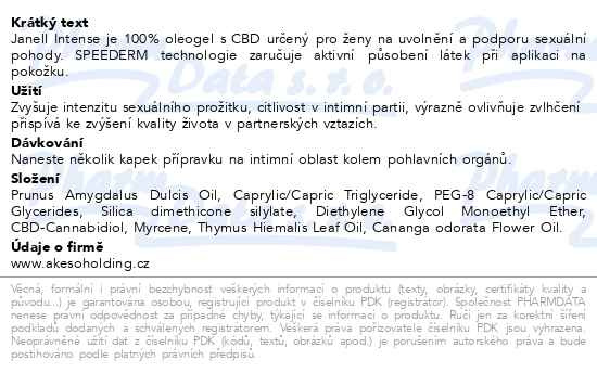 Příbalový leták - Janell Intense intimní oleogel 15ml