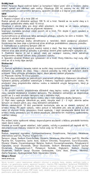 Příbalový leták - Parasine Rapid roztok + šampon na vši, rodinné balení 2 x 200ml + všiváček + čepice ENEO