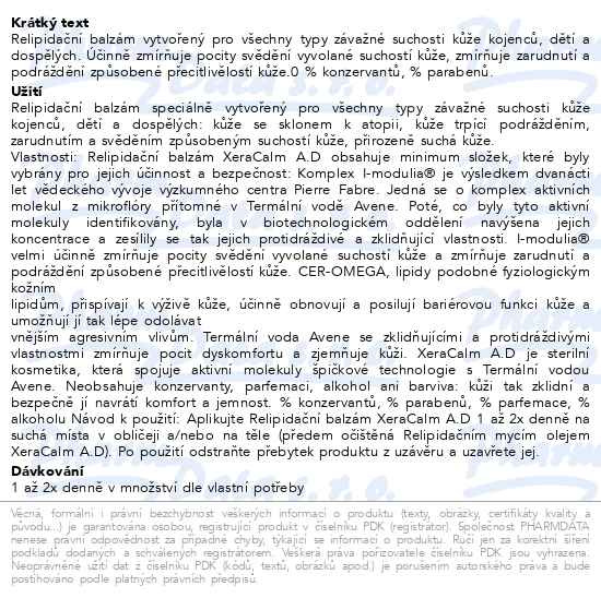 Příbalový leták - AVENE XeraCalm Relipidační balzám 200ml