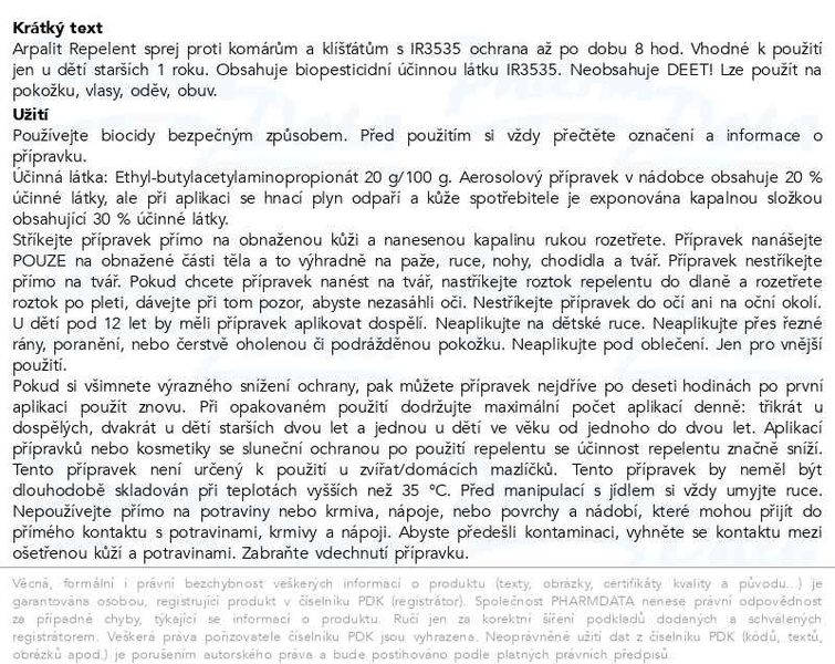 Příbalový leták - Arpalit Repelent sprej proti komár. a klíšť. 60ml
