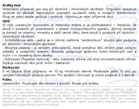 Příbalový leták - Green Idea Močopohlavní aparát veterinární přípravek pro psy 200ml