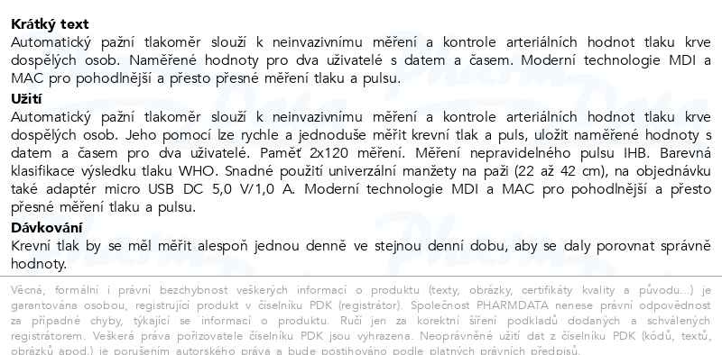 Příbalový leták - DIAGNOSTIC automatický tlakoměr Pro Sense