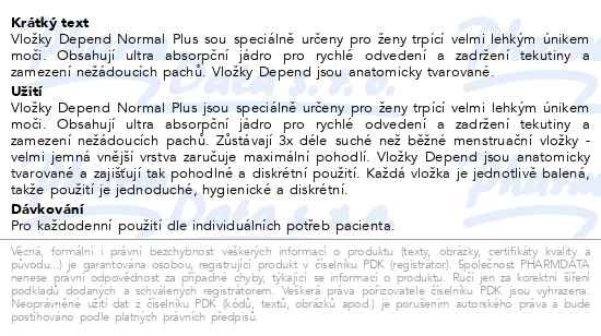 Příbalový leták - Depend Pads Normal plus inkont.vložky ženy 12ks