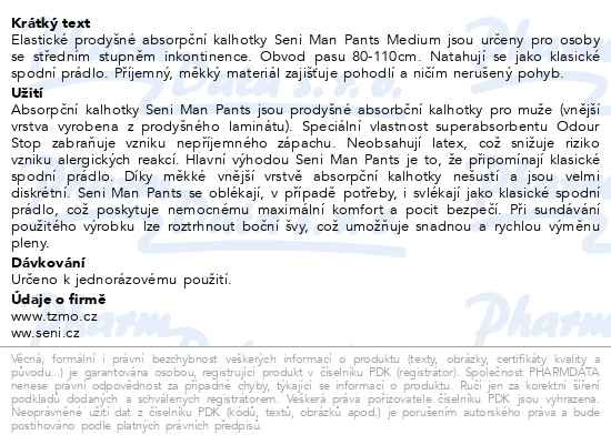 Příbalový leták - Seni Man Pants inkon.plen.kalhotky M 10ks