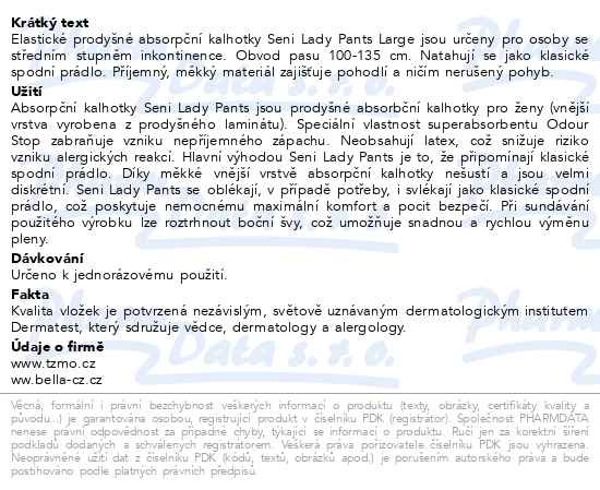Příbalový leták - Seni Lady Pants inkon.plenkové kalhotky L 10ks