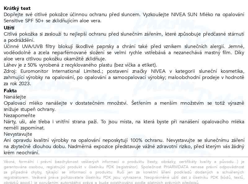 Příbalový leták - NIVEA SUN Mléko na opalování Sensitive SPF 50+ 200ml
