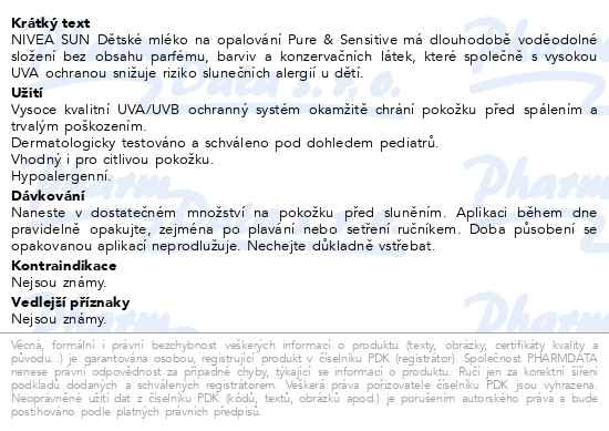 Příbalový leták - NIVEA SUN Dětské mléko na opalování Sensitive SPF 50+ 200ml
