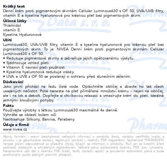 Příbalový leták - NIVEA Zmatňující denní krém proti pigmentovým skvrnám Luminous630® SPF 50 40ml