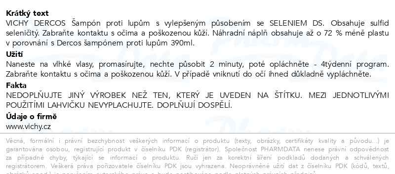 Příbalový leták - VICHY DERCOS Šampon lupy suché vlasy náplň 390ml