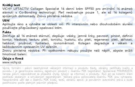 Příbalový leták - VICHY LIFTACTIV Collagen Specialist 16 Denní krém SPF50 50ml